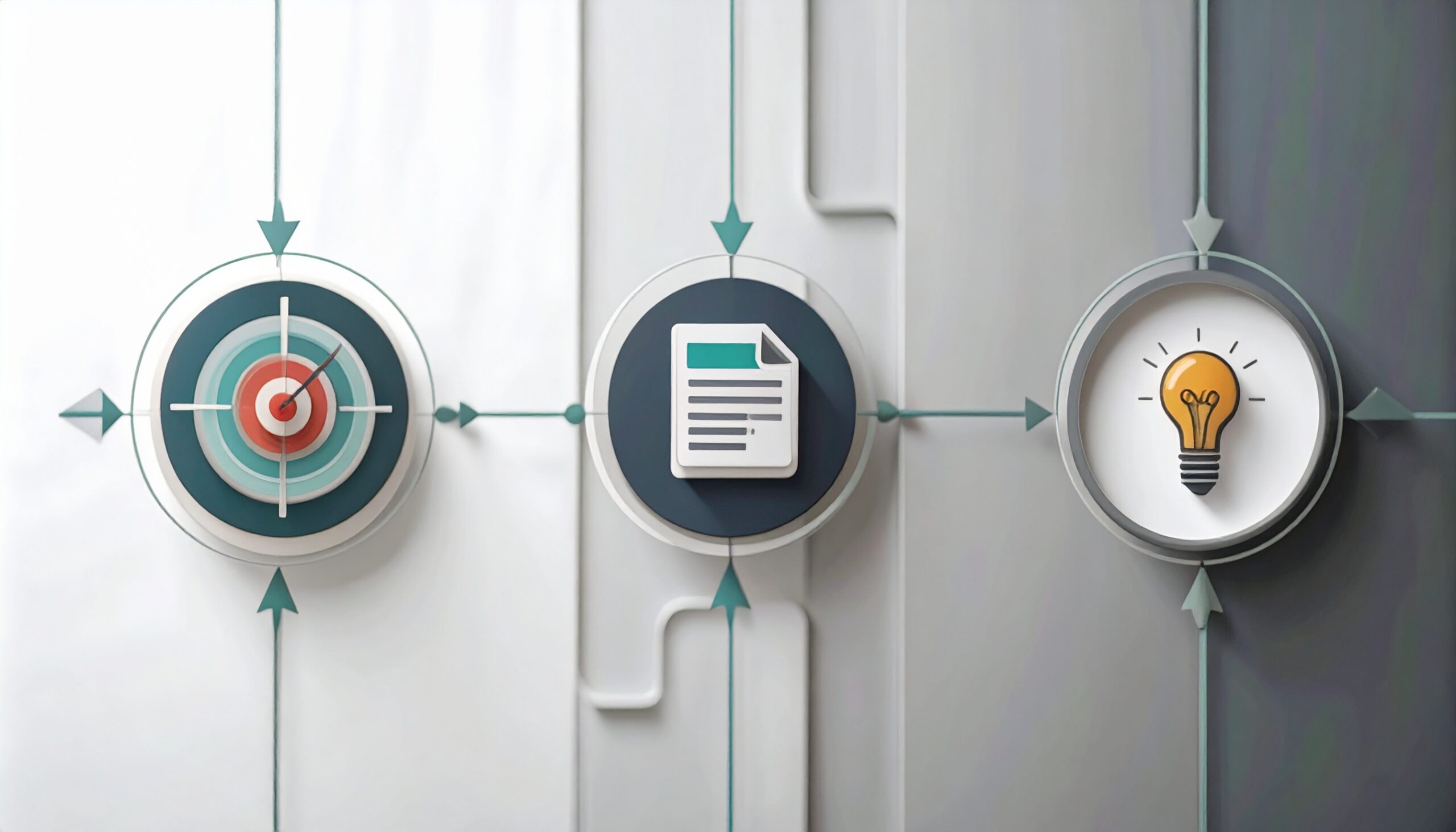 目的・事実・提案を示すアイコン（的、書類、電球）が矢印でつながった図解イラスト