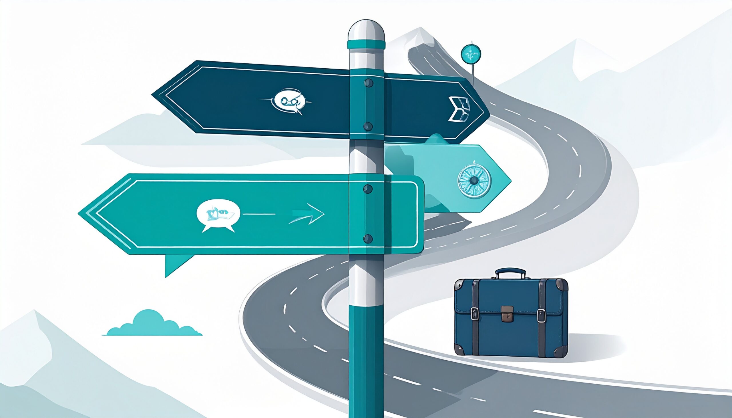 分岐する道路の前に立つ道標とスーツケースのイラスト（相談・異動・転職の選択肢を示す）
